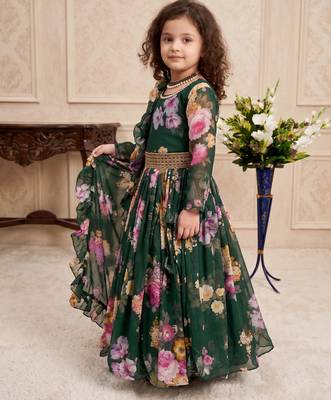 green heavy faux georgette  gown set with digital print work - designer party wear 3