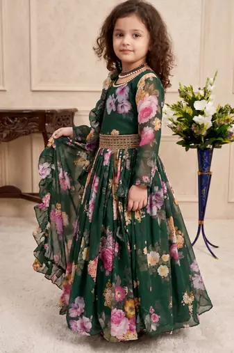 green heavy faux georgette  gown set with digital print work - designer party wear