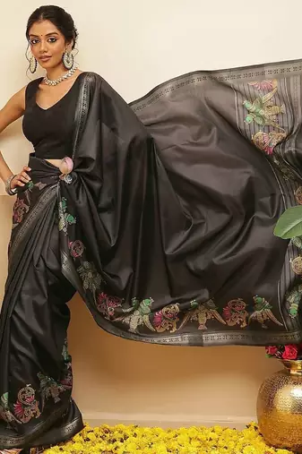 Black printed art silk ethnic saree with blouse piece