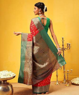 Red woven silk blend ethnic saree with blouse piece 3