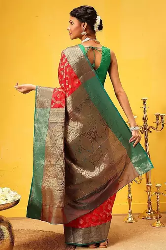 Red woven silk blend ethnic saree with blouse piece