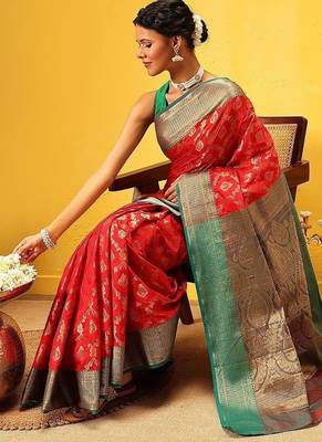 Red woven silk blend ethnic saree with blouse piece 4