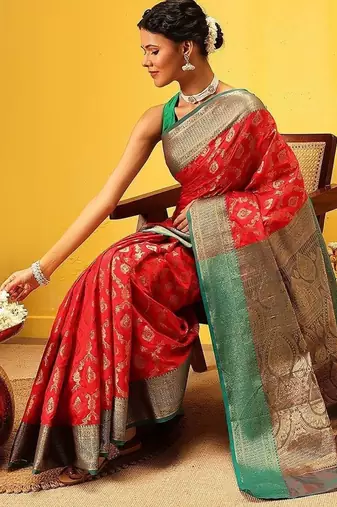 Red woven silk blend ethnic saree with blouse piece