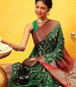 Green woven silk blend ethnic saree with blouse piece
