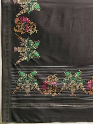 Black printed art silk ethnic saree with blouse piece 5
