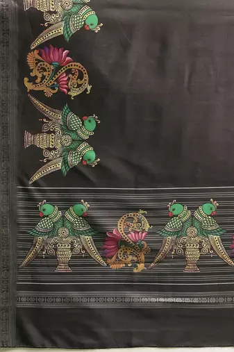 Black printed art silk ethnic saree with blouse piece