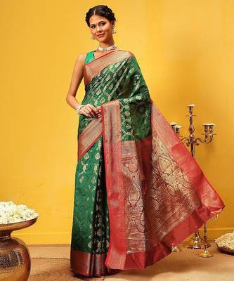 Green woven silk blend ethnic saree with blouse piece 2