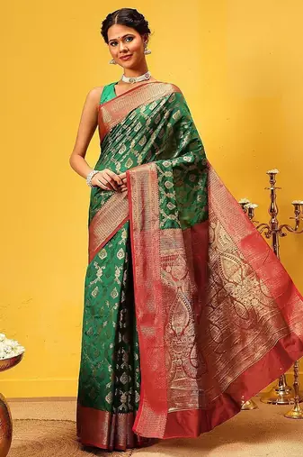 Green woven silk blend ethnic saree with blouse piece