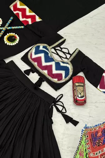 Black Navratri Lehenga Choli Set with Multicolor Zig Zag Print & Heavy Dupatta