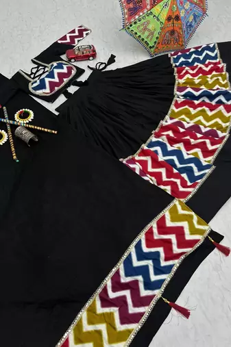 Black Navratri Lehenga Choli Set with Multicolor Zig Zag Print & Heavy Dupatta