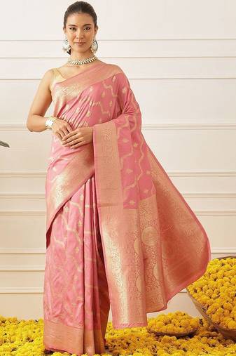 Pink woven art silk traditional saree with blouse piece