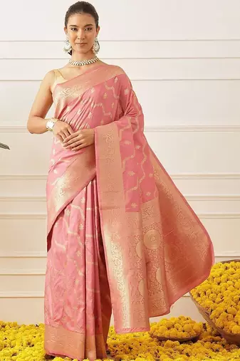 Pink woven art silk traditional saree with blouse piece