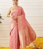 Pink woven art silk traditional saree with blouse piece