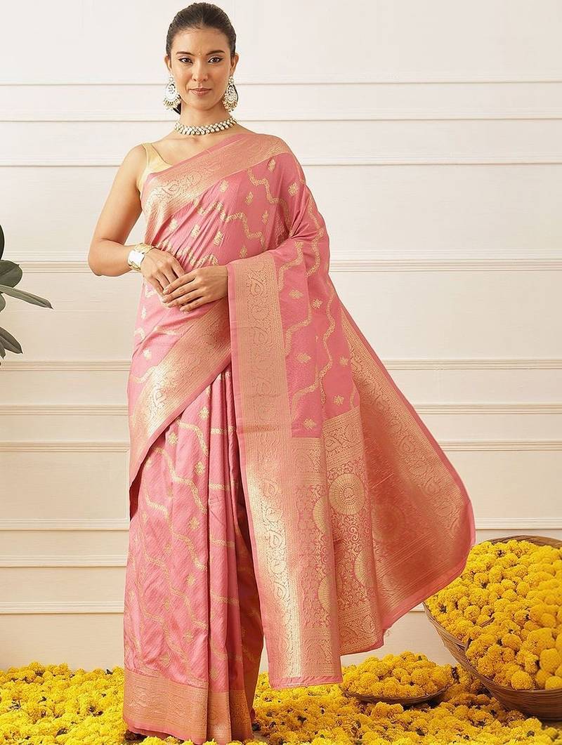Pink woven art silk traditional saree with blouse piece