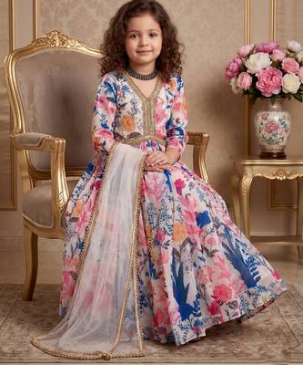 multi heavy fox georgette gown set with digital print work with dori & less - designer party wear 3