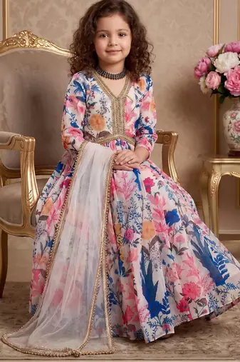multi heavy fox georgette gown set with digital print work with dori & less - designer party wear