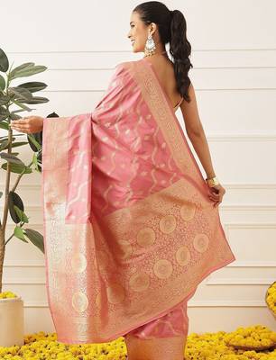 Pink woven art silk traditional saree with blouse piece 2