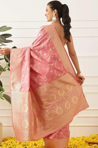 Pink woven art silk traditional saree with blouse piece