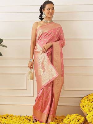 Pink woven art silk traditional saree with blouse piece 3