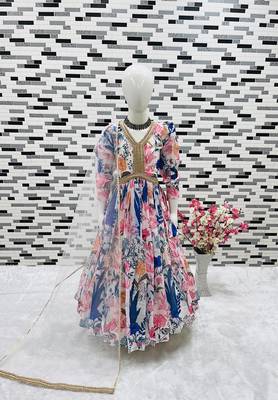 multi heavy fox georgette gown set with digital print work with dori & less - designer party wear 4