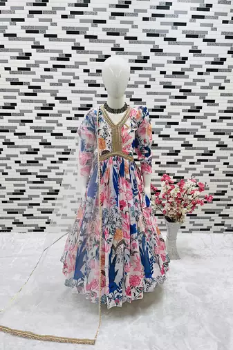 multi heavy fox georgette gown set with digital print work with dori & less - designer party wear