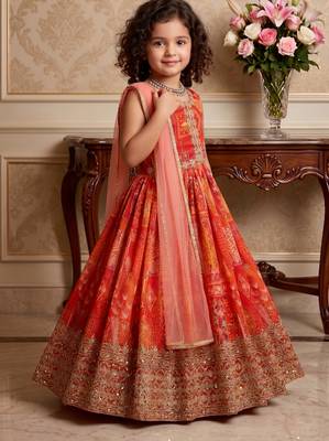 red heavy fox georgette gown set with digital print work with embroidered sequnce work - designer party wear 3