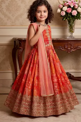 red heavy fox georgette gown set with digital print work with embroidered sequnce work - designer party wear