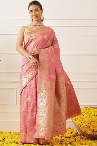 Pink woven art silk traditional saree with blouse piece