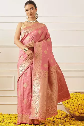 Pink woven art silk traditional saree with blouse piece