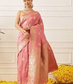 Pink woven art silk traditional saree with blouse piece