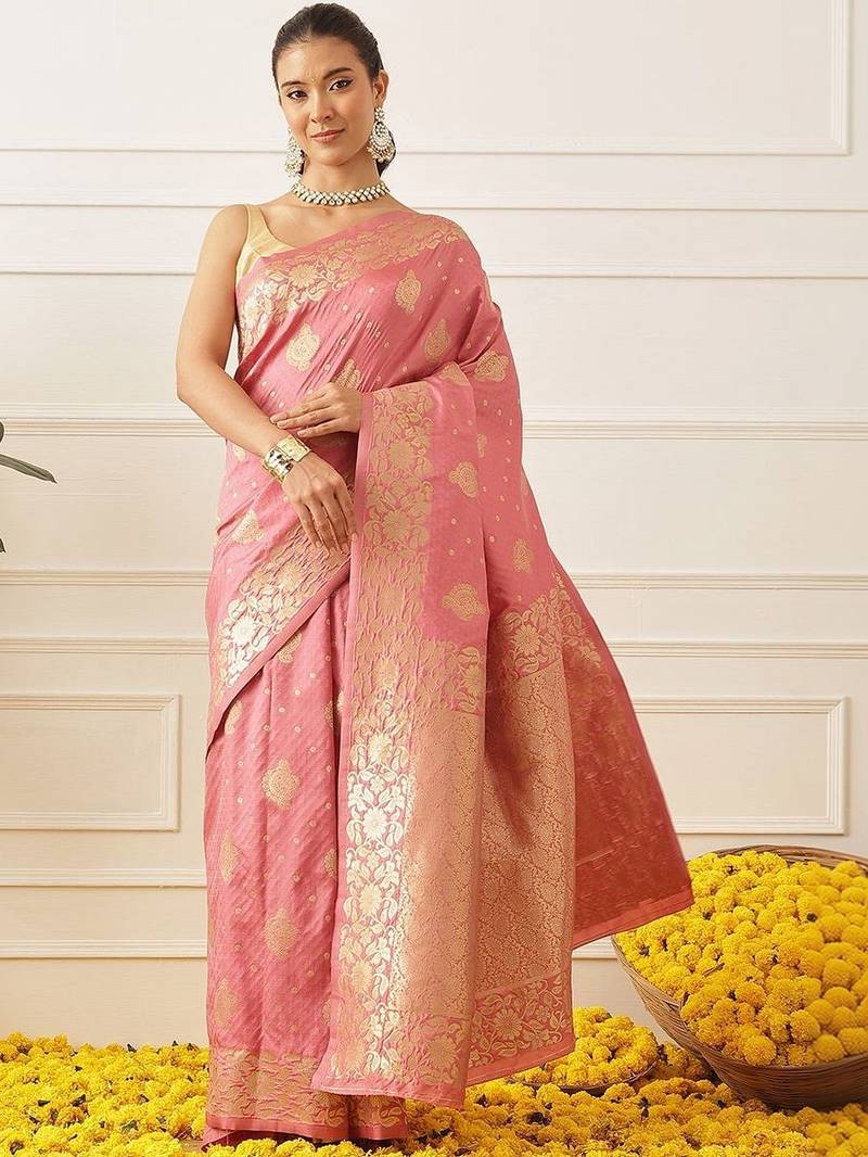 Pink woven art silk traditional saree with blouse piece