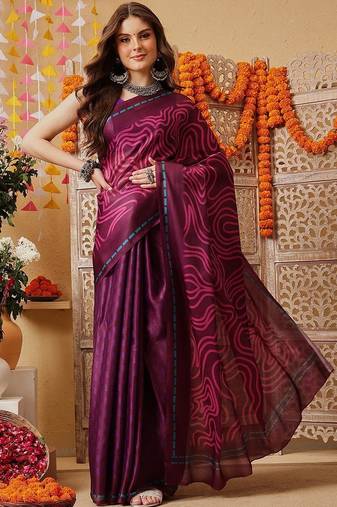 Purple printed satin party wear saree with blouse piece