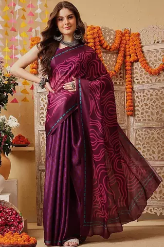 Purple printed satin party wear saree with blouse piece