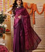 Purple printed satin party wear saree with blouse piece