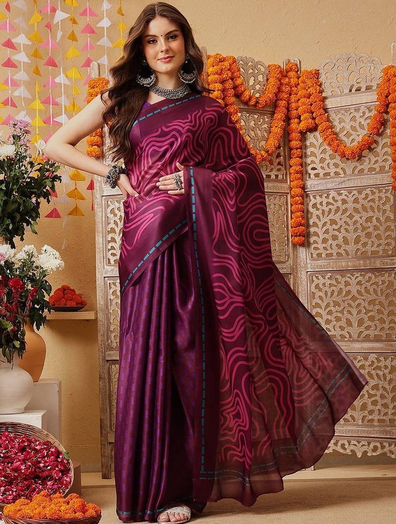 Purple printed satin party wear saree with blouse piece