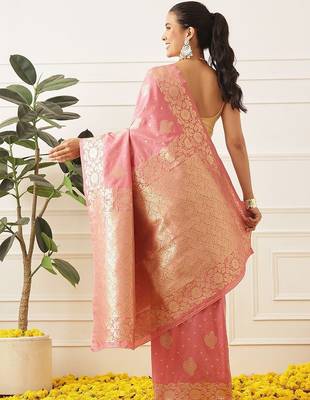 Pink woven art silk traditional saree with blouse piece 2