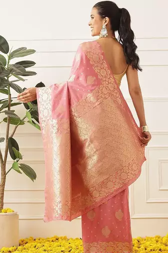 Pink woven art silk traditional saree with blouse piece