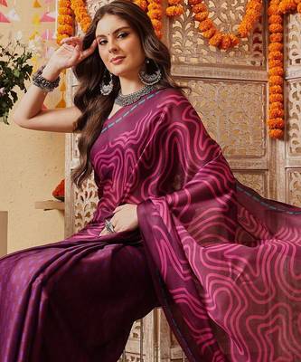 Purple printed satin party wear saree with blouse piece 2