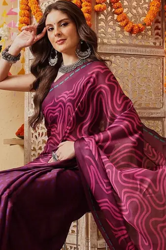 Purple printed satin party wear saree with blouse piece