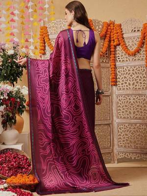 Purple printed satin party wear saree with blouse piece 3