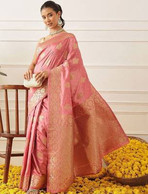 Pink woven art silk traditional saree with blouse piece 3