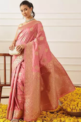 Pink woven art silk traditional saree with blouse piece