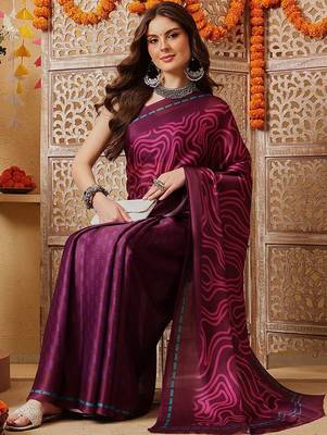 Purple printed satin party wear saree with blouse piece 4