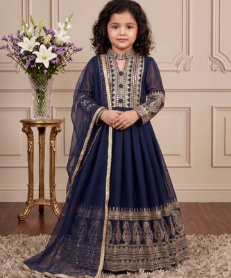 Navy blue heavy fox georgette gown set with embroidery sequence work - designer party wear 3