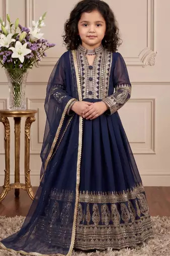 Navy blue heavy fox georgette gown set with embroidery sequence work - designer party wear