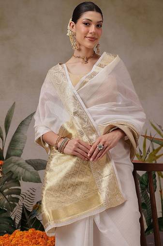 Off white printed silk blend ethnic saree with blouse piece