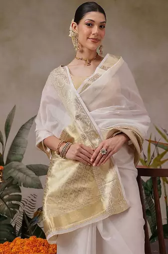 Off white printed silk blend ethnic saree with blouse piece