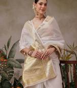 Off white printed silk blend ethnic saree with blouse piece