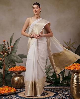 off white and gold striped zari silk saree 2