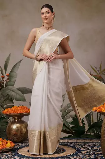Off white printed silk blend ethnic saree with blouse piece